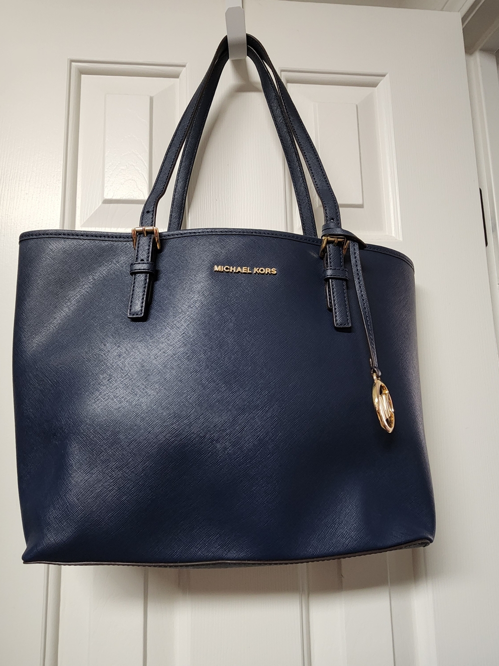 Michael Kors Navy Saffiano Tote with Gold Hardware